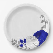 Assiettes En Carton bleu royal et fleurs blanches argent (Devant)