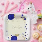 Assiettes En Carton bleu royal et fleurs blanches or (Fête)