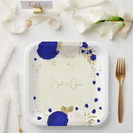Assiettes En Carton bleu royal et fleurs blanches or (Mariage)