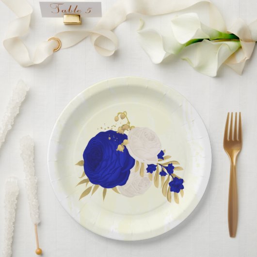 Assiettes En Carton bleu royal et fleurs blanches or (Mariage)