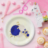 Assiettes En Carton bleu royal et fleurs blanches or (Fête)