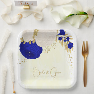 Assiettes En Carton bleu royal et fleurs blanches or