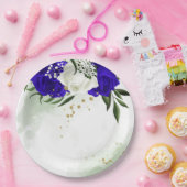 Assiettes En Carton bleu royal et fleurs blanches verdure (Fête)