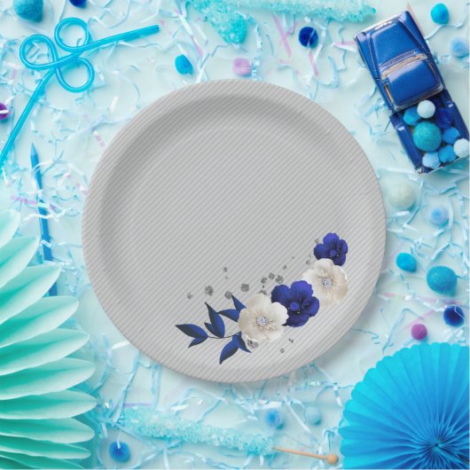 Assiettes En Carton bleu royal fleurs blanches gris (Fête)