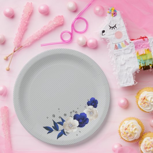 Assiettes En Carton bleu royal fleurs blanches gris (Fête)