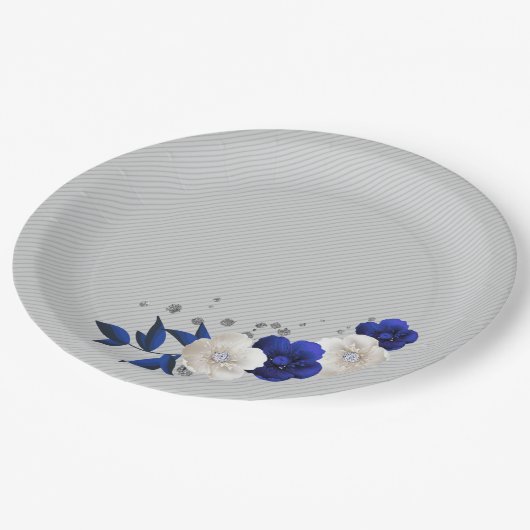 Assiettes En Carton bleu royal fleurs blanches gris (Angle)