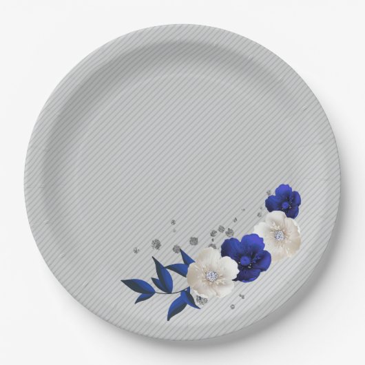 Assiettes En Carton bleu royal fleurs blanches gris (Devant)