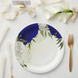 Assiettes En Carton bleu royal fleurs blanches mariage