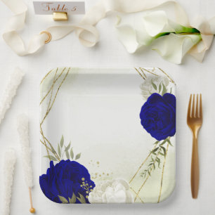 Assiettes En Carton bleu royal fleurs blanches mariage