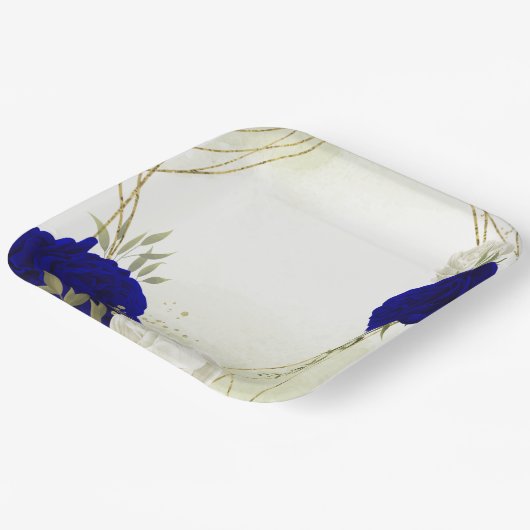 Assiettes En Carton bleu royal fleurs blanches mariage (Angulaire)