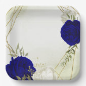 Assiettes En Carton bleu royal fleurs blanches mariage (Recto)