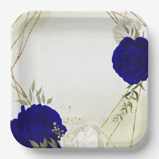 Assiettes En Carton bleu royal fleurs blanches mariage (Recto)