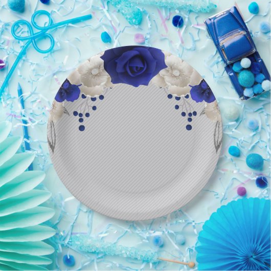 Assiettes En Carton bleu royal rose blanc fleurs gris (Fête)