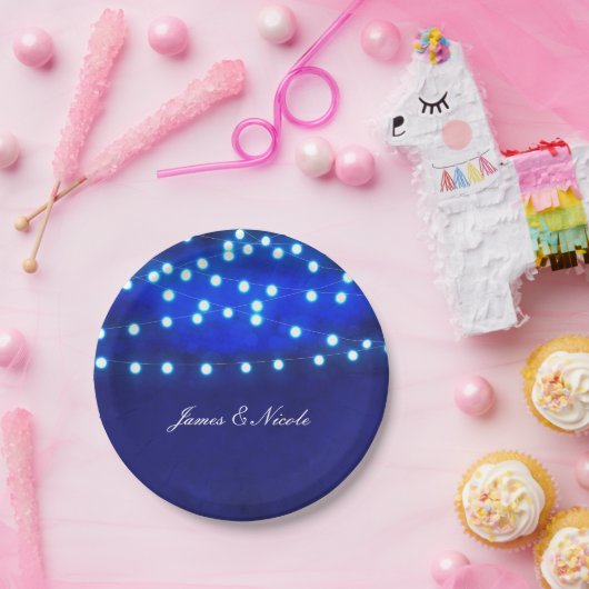Assiettes En Carton Bleu Rustique Night String Éclairages Plaques Mari (Fête)