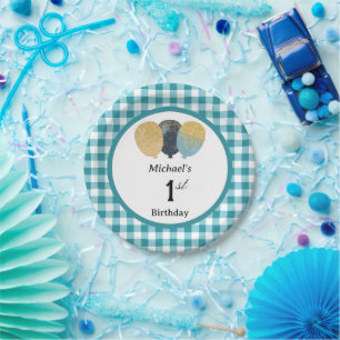 Assiettes En Carton Bleu sarcelle Gingham & Ballons 1er anniversaire
