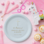 Assiettes En Carton Bleu Simple Elegant Croix Or Baptême Christening (Fête)