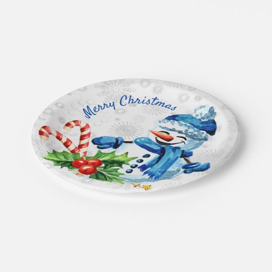 Assiettes En Carton Bleu Snowman 'Joyeux Noël' Plaque en papier (Angle)