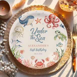Assiettes En Carton Bleu sous la mer Animaux de l'océan Anniversaire