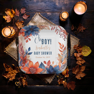 Assiettes En Carton Bleu   Terracotta Oh Boy Fall Baby shower Floral