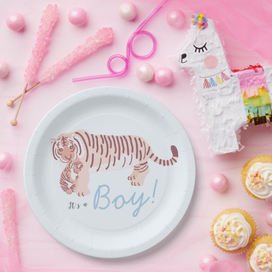 Assiettes En Carton Bleu Tigre & Cub Garçon Baby shower Plaque en papi (Fête)