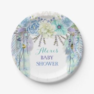 Assiettes En Carton Bleu tribal d'Aqua de plume rêveuse de receveur de