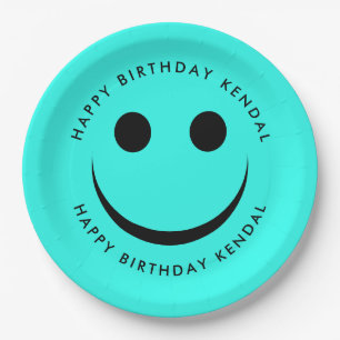 Assiettes En Carton Bleu Turquoise Happy Face Plaques de papier d'anni