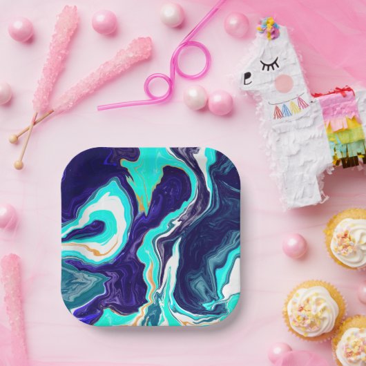 Assiettes En Carton Bleu Turquoise Océan Fluide Marbre Art (Fête)