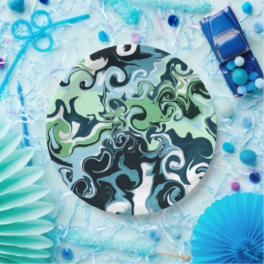 Assiettes En Carton Bleu, Vert et Blanc tourbillons Abstrait Fluid Art (Fête)