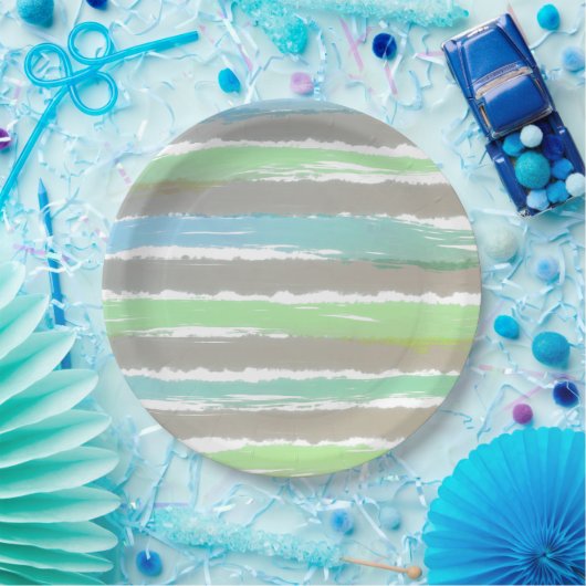 Assiettes En Carton Bleu vert Gris Aquarelle rayures (Fête)