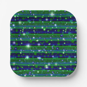 Assiettes En Carton Bleu vert rayures avec étoiles et Raindrops