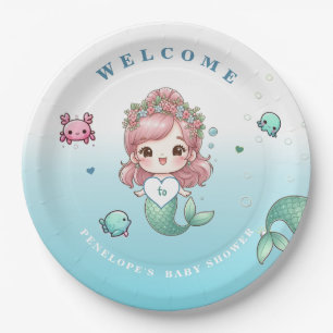 Assiettes En Carton Bleu Vert Rose Pêche Mignonne Baby Shower Sirène