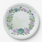 Assiettes En Carton bleu violet fleurs verdure plaque de papier botani (Devant)
