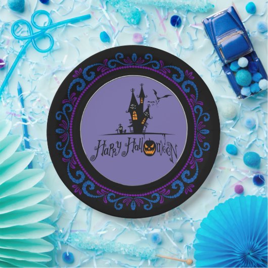Assiettes En Carton Bleu violet Joyeux Halloween Maison hantée (Fête)