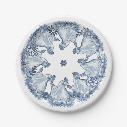 Assiettes En Carton Bleu Whimsical Poulet De Poule, Aquarelle De Nid (Devant)