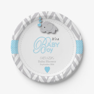 Assiettes En Carton Bleus layette, baby shower gris blanc d'éléphant