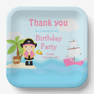 Assiettes En Carton Blonde mignonne fille Pirate en rose fête d'annive