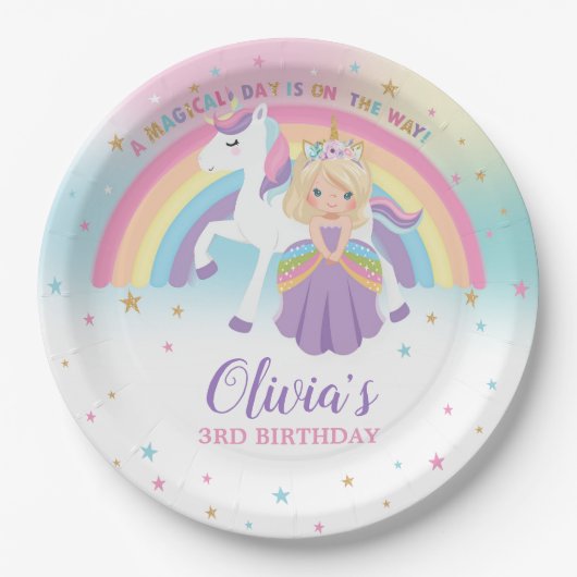 Assiettes En Carton Blonde Princess & Unicorn Anniversaire Party Rainb (Devant)