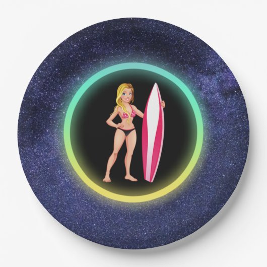 Assiettes En Carton Blonde Surfer Adolescent Girl Galaxy (Devant)