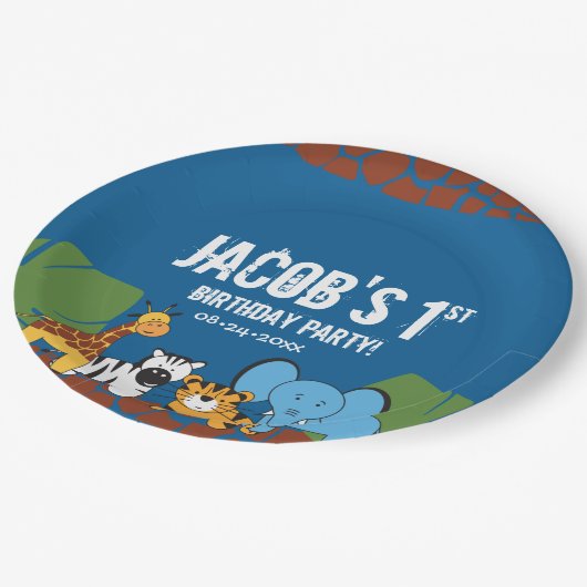 Assiettes En Carton Blue 1er anniversaire Jungle Safari thème (Angle)