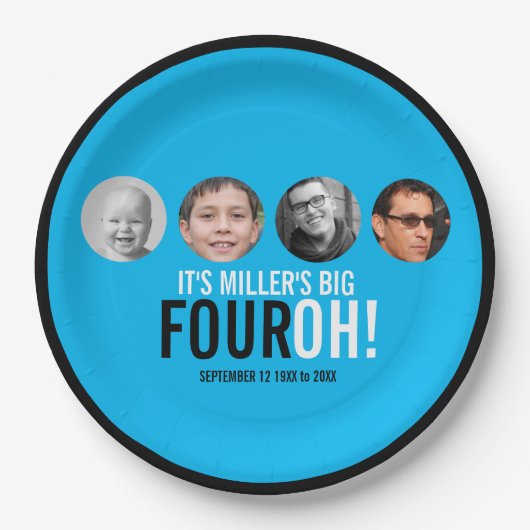 Assiettes En Carton Blue 40th Four OH! photo quarantième anniversaire (Devant)