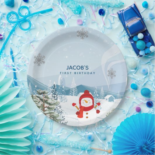 Assiettes En Carton Blue and Silver Winter onederland Garçon 1er anniv (Fête)