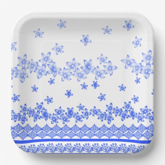 Assiettes En Carton Blue and White floral design, (Recto)