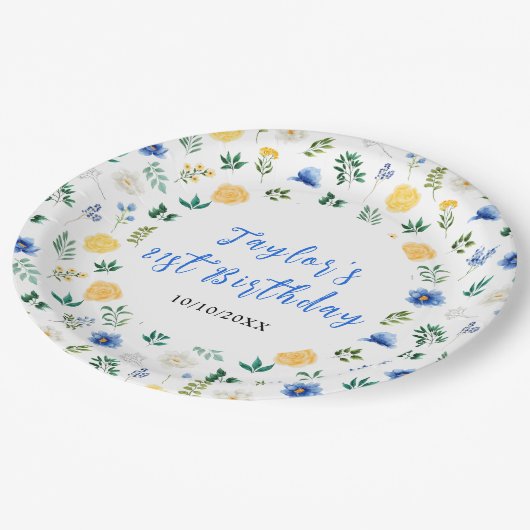 Assiettes En Carton Blue and Yellow Floral Birthday (Angle)