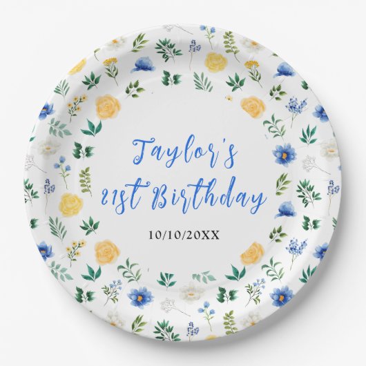 Assiettes En Carton Blue and Yellow Floral Birthday (Devant)
