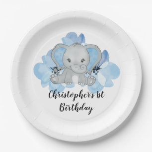 Assiettes En Carton Blue Baby Boy Elephant Fleurs Anniversaire