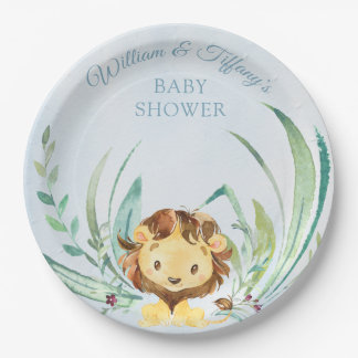 Assiettes En Carton Blue Baby Lion Cub Dusty Baby shower bleu