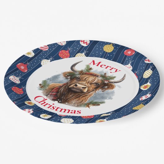 Assiettes En Carton Blue Baulables Noël Highlander Cow (Angle)
