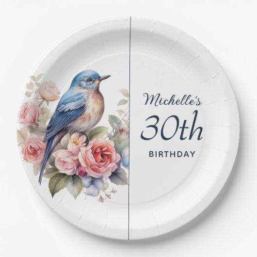 Assiettes En Carton Blue Bird Rose Fleurs 30e anniversaire (Devant)