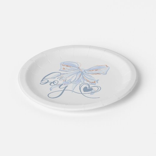 Assiettes En Carton Blue Bow tendance C'est un Baby shower garçon (Angle)