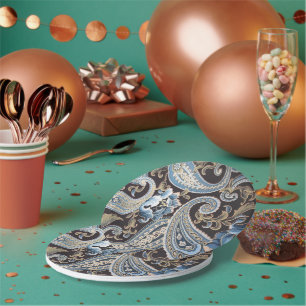 Assiettes En Carton Blue Brown Vintage Paisley